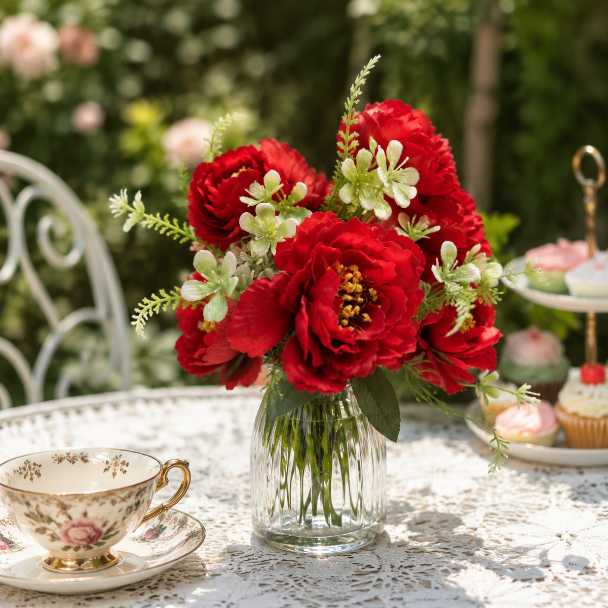 Classic Red Silk Peony Flower Stem - 6-Petal Artificial Peony for Holiday Decor, Christmas & Special Events (Vase Not Included)