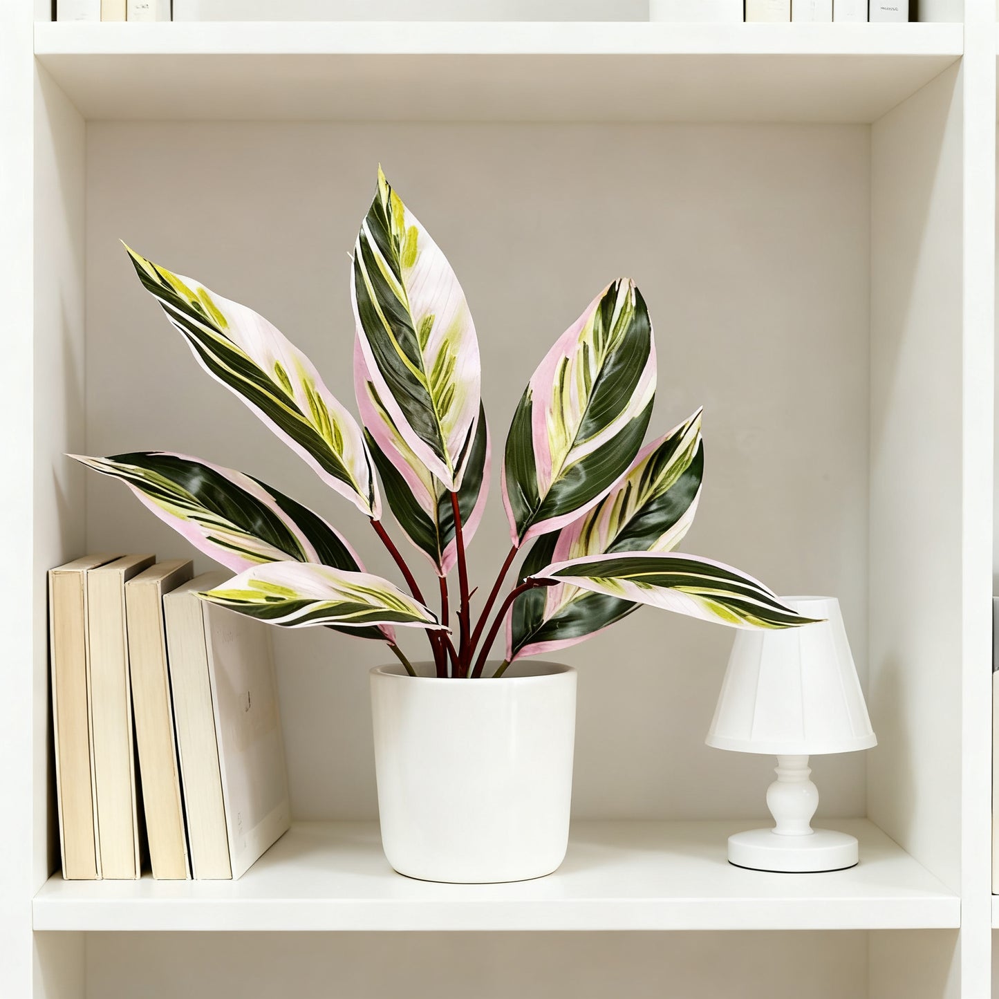Pink & Green Artificial Dieffenbachia Plant, 10-Leaf Aesthetic Faux Tropcial Plant (Pot Not Included) - Trendy Fake Variegated Plant for Bedroom & Aesthetic Room Decor