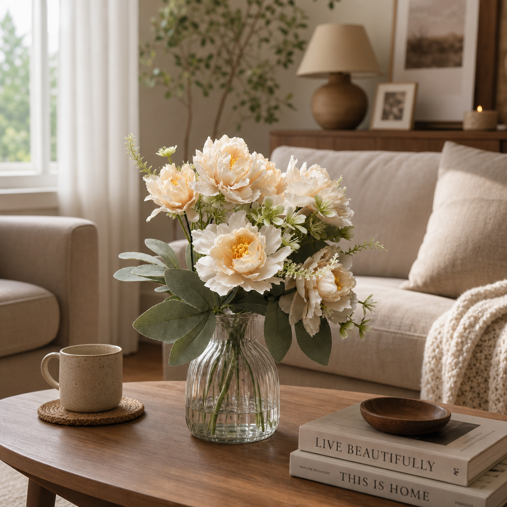 Champagne Silk Peony Stem - Real-Touch 6-Petal Artificial Flowers for Vintage Wedding Decor & Table Centerpieces (Vase Not Included)