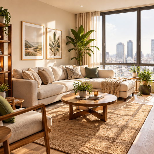 Bright apartment living room with a cream sofa, a round wood coffee table, a plant on the white shelving at the left, and a large banana-leaf plant beside the window