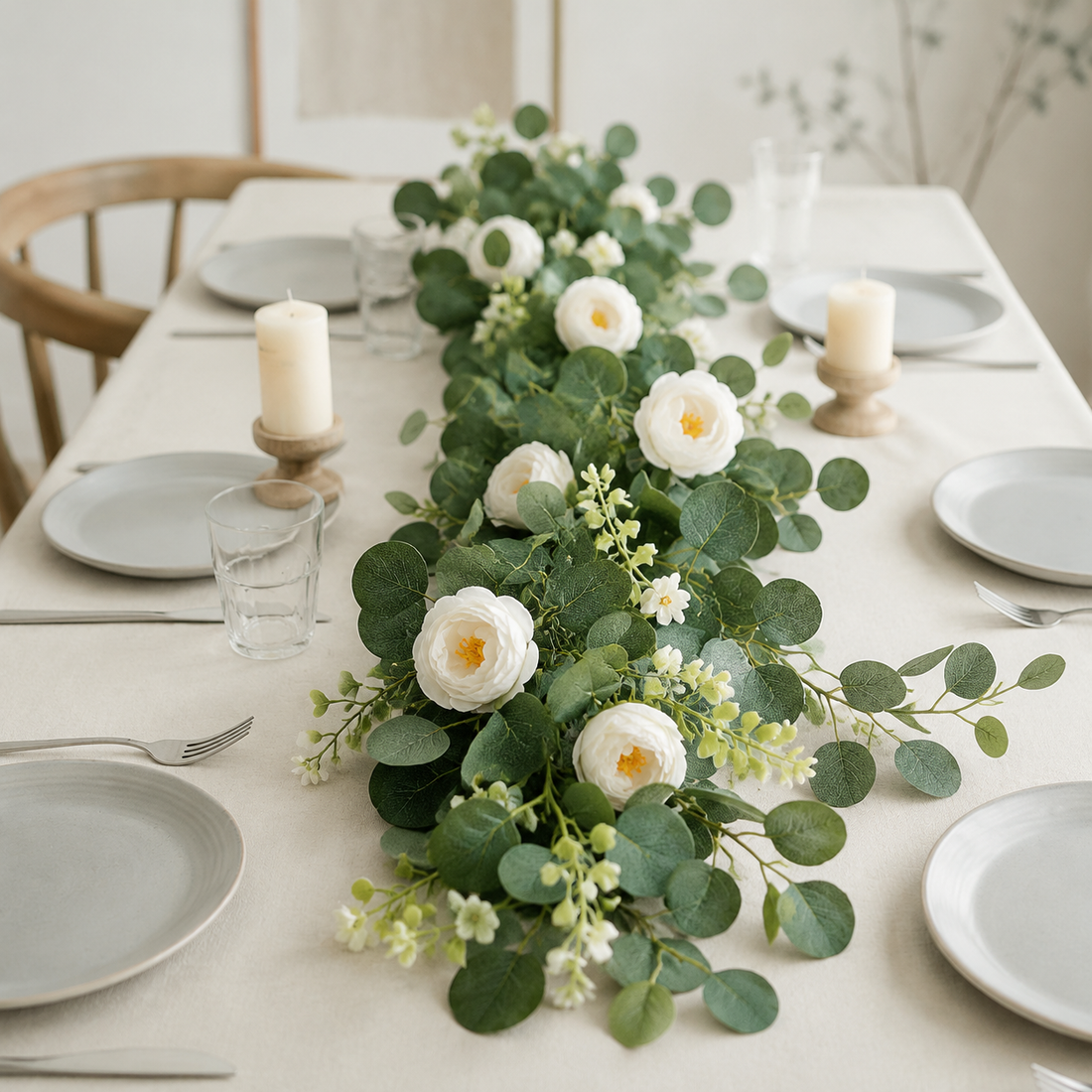 Artificial eucalyptus garland with roses for wedding arch and centerpiece decor