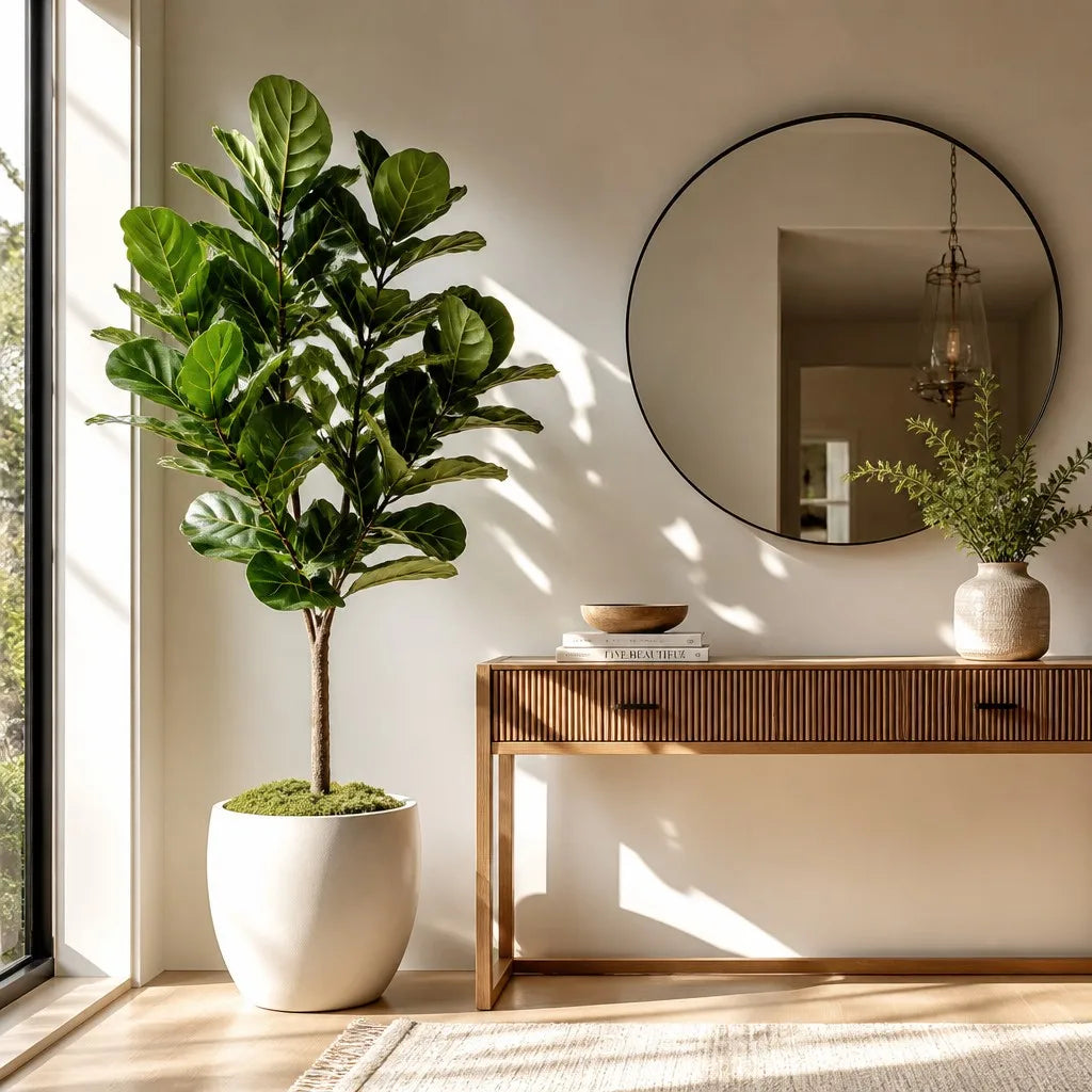 Best UV-resistant artificial plants styling a bright modern entryway with realistic silk foliage.