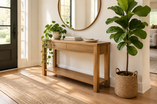 Bright entryway with a light oak console table below a round wood mirror, a trailing faux pothos in a white pot on the console, and a tall faux fiddle leaf fig in a woven basket on the floor
