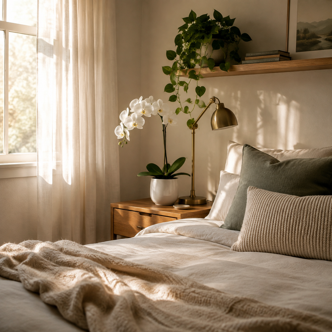 Bedroom corner with a wood nightstand holding a white orchid in a white pot and a slim metal task lamp, a wall shelf above with a trailing pothos and stacked books, and a bed with oatmeal bedding, a cream throw and olive and cream cushions