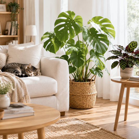 Tabby cat asleep on a cream sofa beside a large split-leaf plant in a woven basket, with a patterned houseplant on a side table