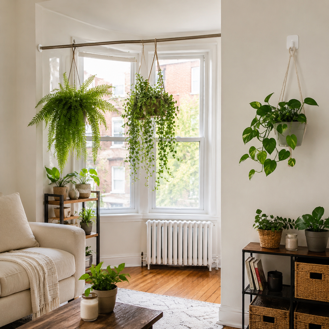 Living room with two plants hanging from a rod across a bay window and a trailing pothos on a wall hook, above a sofa