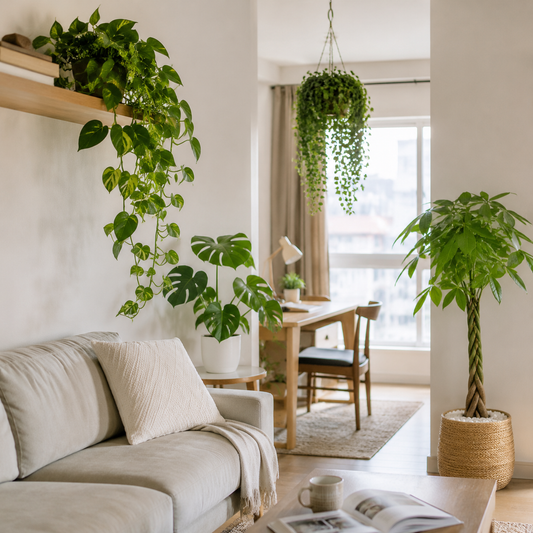 Small apartment with a grey sofa, trailing pothos on a wooden shelf, split-leaf plant in a white side-table pot, and a braided-trunk tree in a woven basket