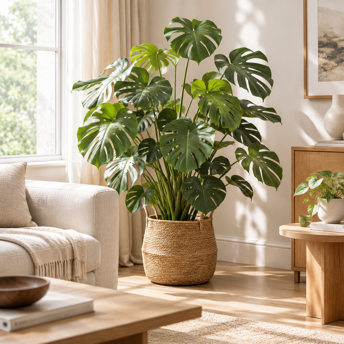 Large split-leaf monstera in a woven basket beside a window, with a cream sofa and a fringed throw at the left and a light wood sideboard, a shaded table lamp and a small potted plant on a round table at the right
