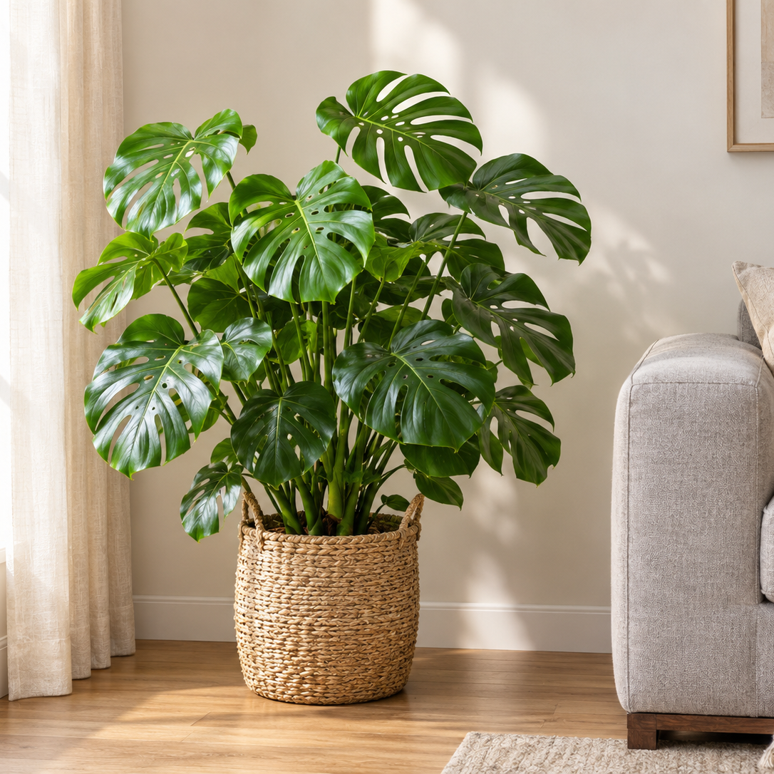 Faux monstera in a woven basket filling a corner beside a grey sofa and a curtained window.