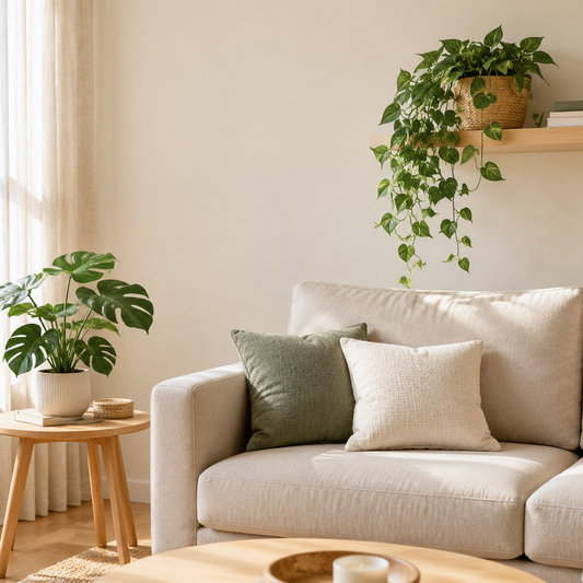 Small living room with a faux monstera in a white pot on a side table and a trailing pothos in a woven basket on a floating shelf above a sofa.
