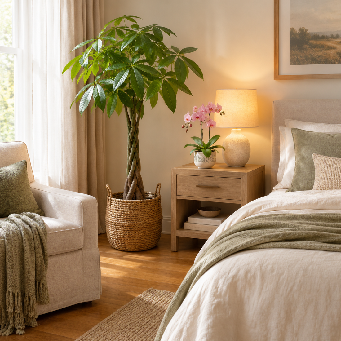 Braided-trunk money tree in a woven basket beside a warm lamp in a cream bedroom, with an armchair and a sage throw at the left and a bed with sage and cream bedding and a framed landscape above at the right