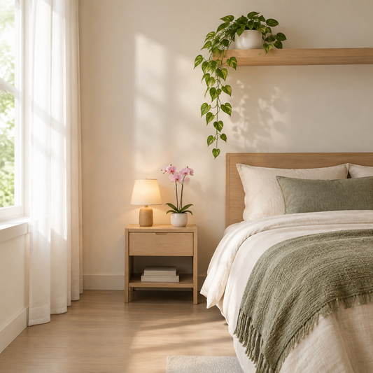 Oak nightstand with a white lamp and a pink orchid in a white pot, a trailing plant on a wooden shelf above, and a bed with sage-green bedding beside a window
