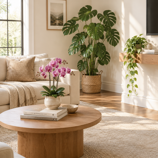 Living room with a large faux monstera in a woven basket, a pink orchid on the coffee table and a trailing pothos on a wall shelf.
