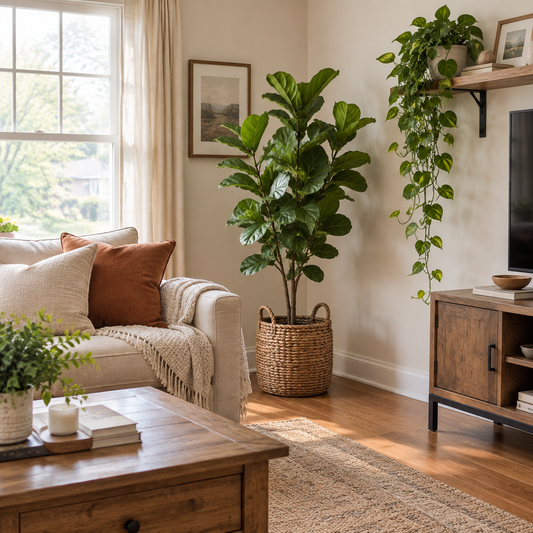 Fiddle-leaf fig in a woven basket planter beside a beige sofa in a living room, with a trailing plant on a wooden shelf and a media console at the right