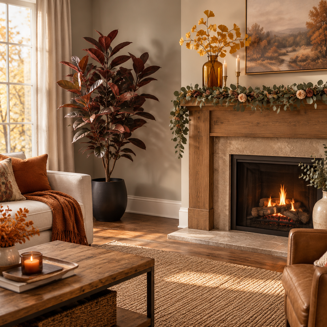 Warm autumn living room with a dark burgundy-leaf tree in a black round planter beside a wooden fireplace, a foliage garland with roses across the mantel, amber glass and candles, and a wood coffee table in front