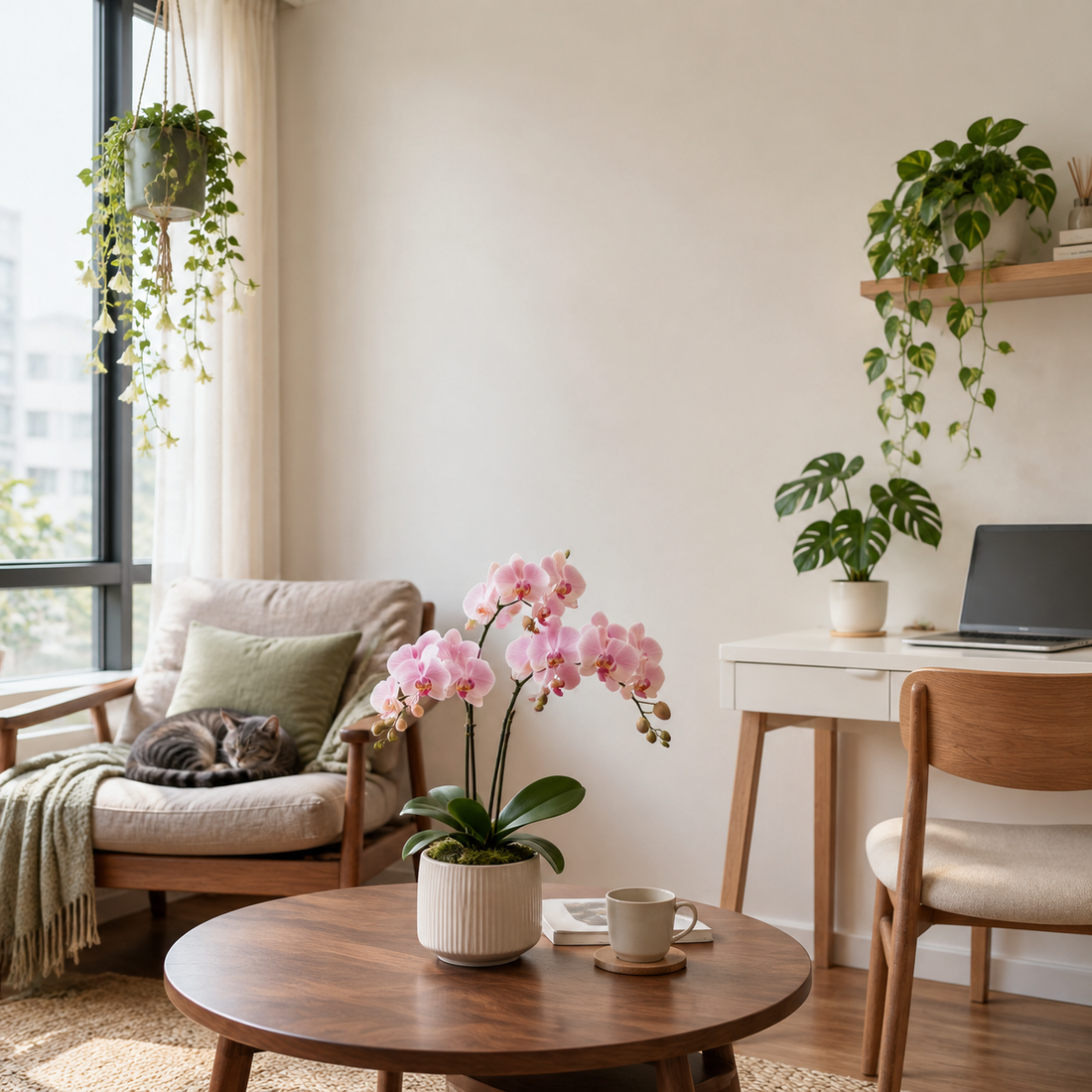 Pink artificial orchid on a coffee table with a cat resting on an armchair, trailing pothos on a wall shelf and a monstera on a desk.