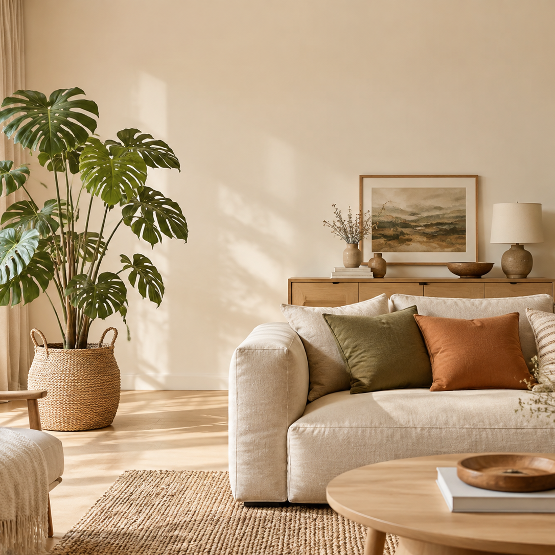 Neutral living room with an oatmeal sectional, olive and terracotta cushions, and a large faux monstera in a woven basket beside a light oak sideboard and a round wood coffee table