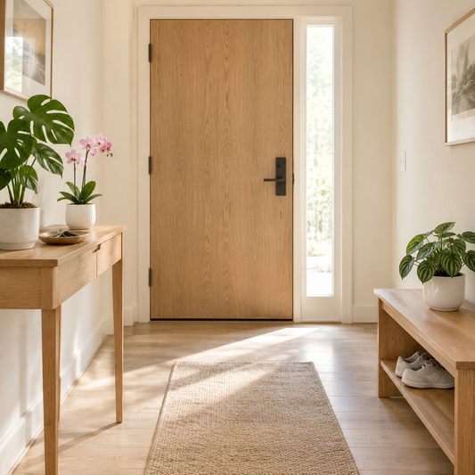 Wooden front door with a tall sidelight beside a console table holding a monstera and a pink orchid, with a wooden bench and a jute runner in the entryway