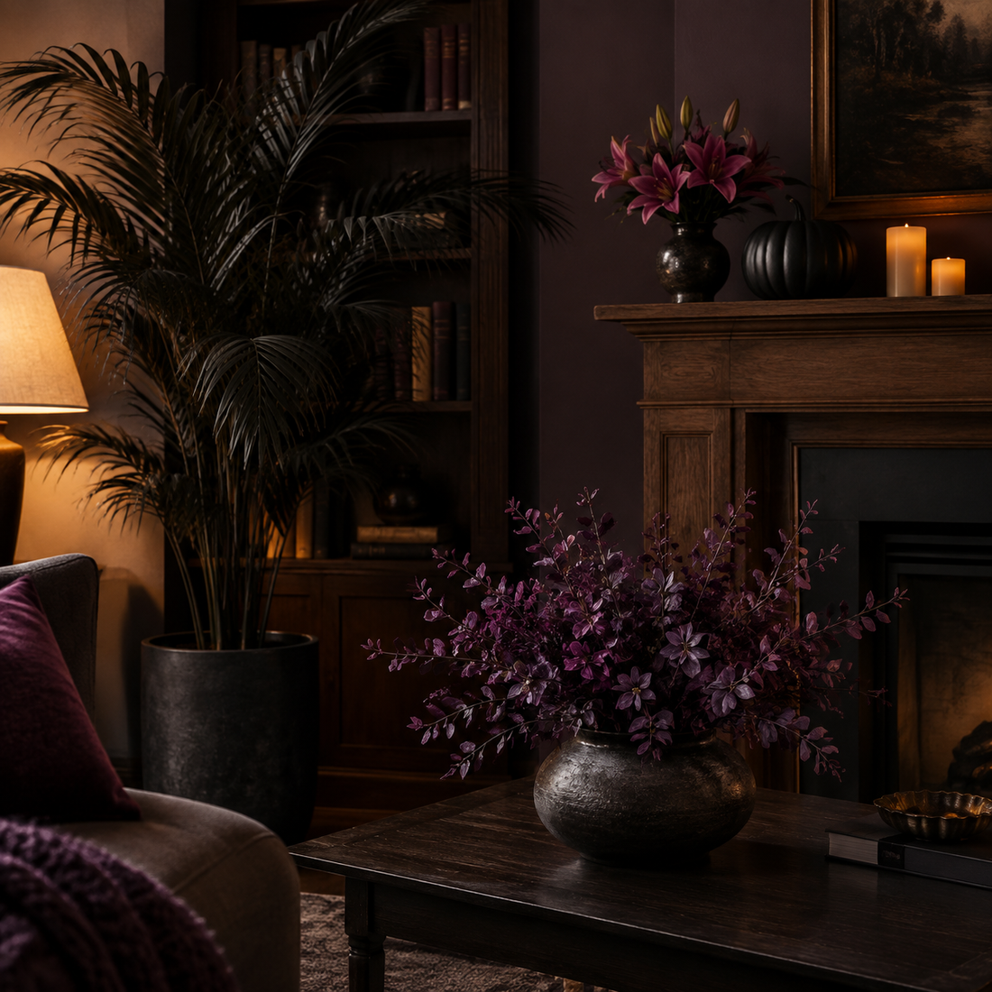 Dark room with a tall black feathery palm in a matte black planter beside a shadowed bookcase, a table lamp with a warm shade, a dark sofa with a purple cushion, and a violet foliage arrangement in a hammered metal bowl on a dark coffee table