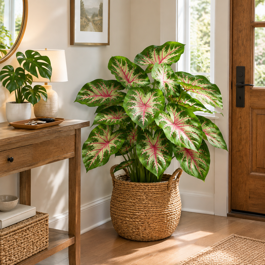 Pink-veined caladium in a woven basket on a wooden entryway floor beside a wooden console with a lamp, a small potted monstera and a round mirror, with a wood door at the right