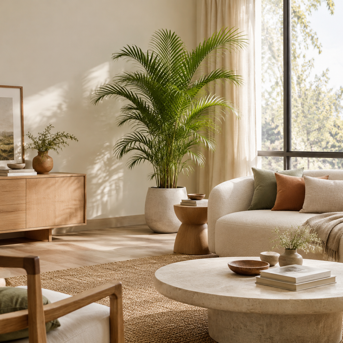 Bright living room with a tall artificial areca palm in a textured grey planter, a curving boucle sofa and a slatted wood sideboard.
