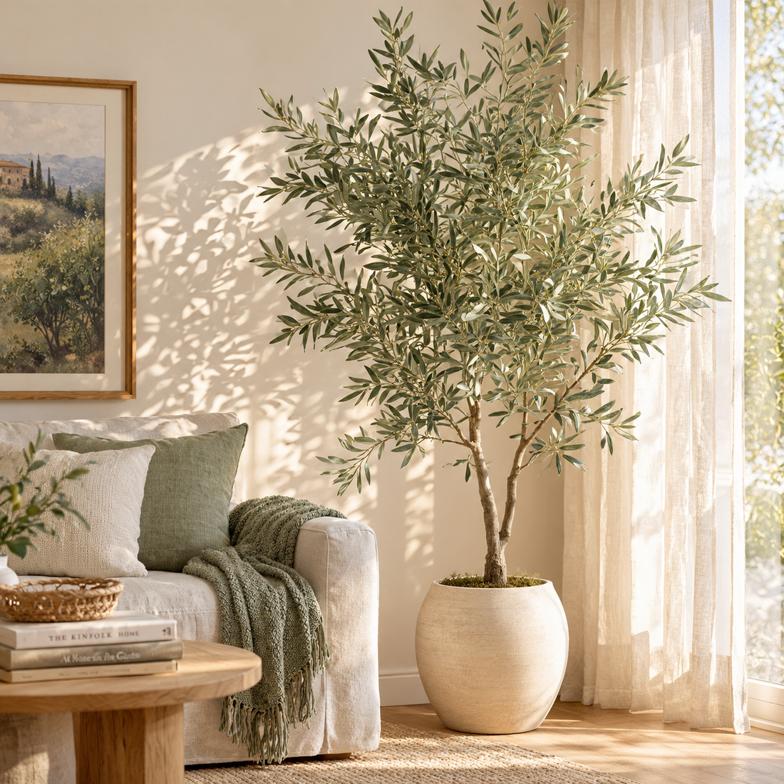 Artificial olive tree in a rounded cream planter beside a sunlit window, next to a sofa with sage cushions.