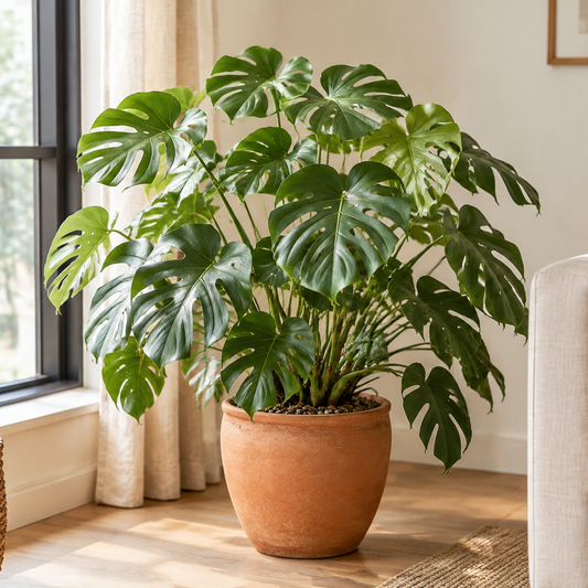 Large split-leaf plant in a terracotta floor pot with a woven rug, beside a window with cream curtains and a cream armchair at the right