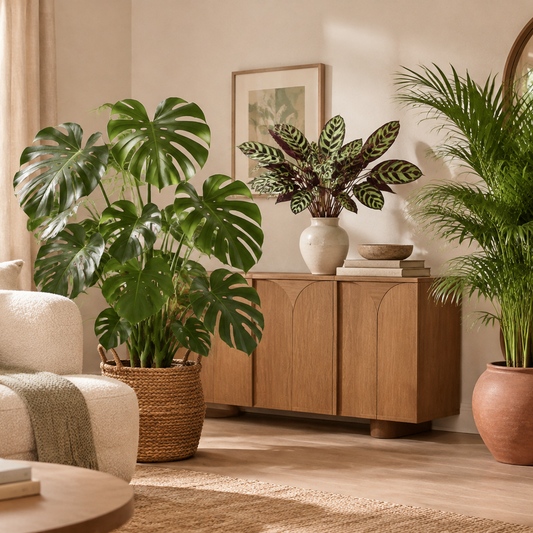 Monstera in a woven basket beside a cream textured chair, a patterned-leaf plant in a cream vase on a wooden cabinet and a palm in a terracotta pot, with framed art and a round mirror