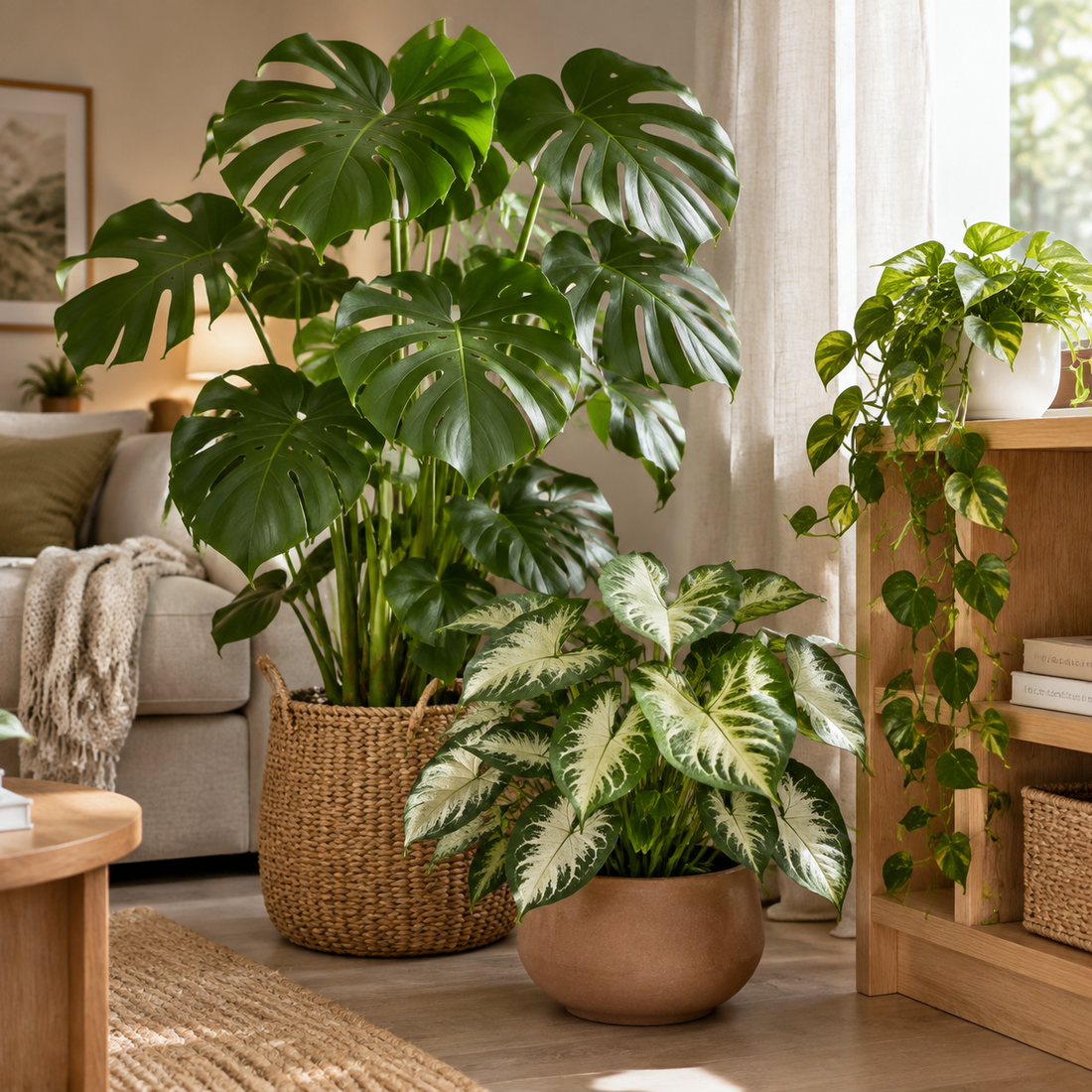 Large split-leaf monstera in a woven basket beside a variegated caladium in a terracotta pot and a trailing pothos on a light wood shelf, in a living room with a sofa and a rug