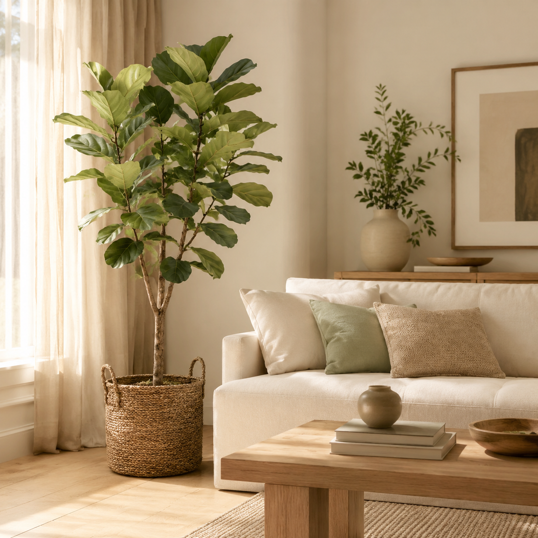 Tall fiddle leaf fig in a woven basket beside a curtained window, with a cream sofa with sage and tan cushions, a light wood coffee table and a console holding a cream vase of thin-leaved branches