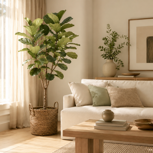 Tall fiddle leaf fig in a woven basket beside a curtained window, with a cream sofa with sage and tan cushions, a light wood coffee table and a console holding a cream vase of thin-leaved branches