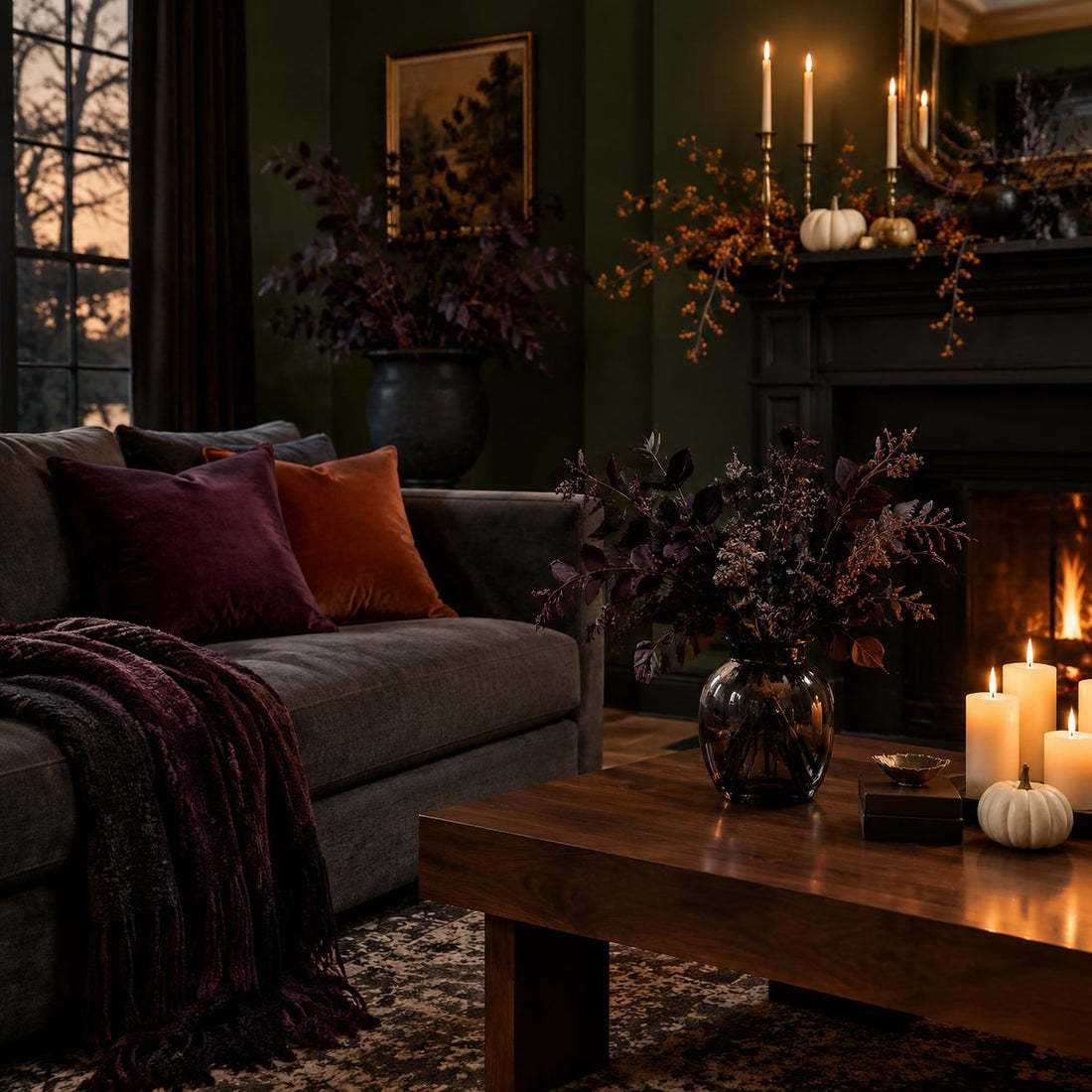 Moody living room with a charcoal sofa, plum and rust velvet cushions, dark plum foliage in a glass vase on a coffee table, a white pumpkin and warm candle-style lighting, with a fireplace glowing behind