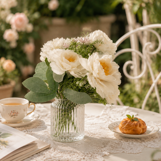 Pure White Silk Peony Stem - Real-Touch 6-Petal Artificial Peony Flower for Modern Minimalist Home & Wedding Centerpieces (Vase Not Included)