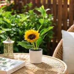 Mini Artificial Sunflower Potted Plant - Realistic Faux Sunflower Bonsai for Desk, Kitchen & Home Office Decor (Cheerful Yellow)