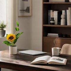 Mini Artificial Sunflower Potted Plant - Realistic Faux Sunflower Bonsai for Desk, Kitchen & Home Office Decor (Cheerful Yellow)