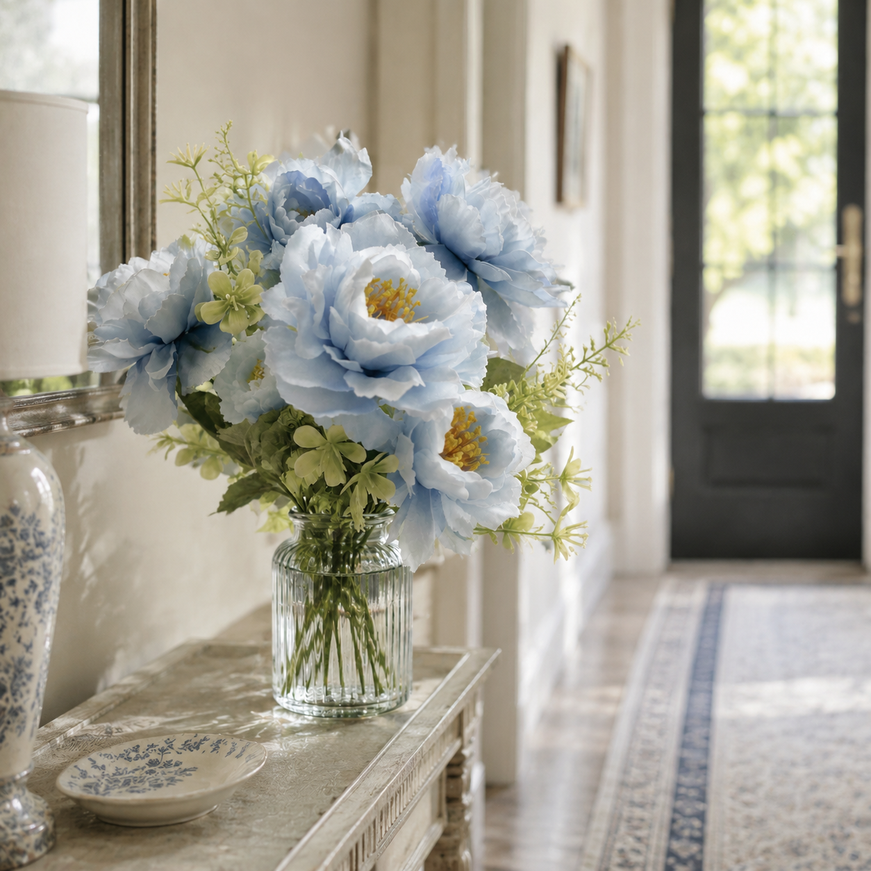 Dusty Blue & White Silk Peony Flower Stem - 6-Petal Artificial Peony for Coastal & Country Cottage Decor (Vase Not Included)