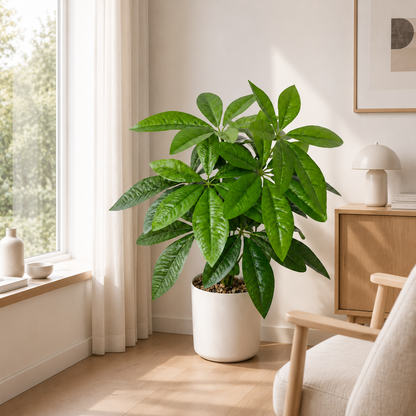 Faux Money Tree Artificial Plant - 18 Lifelike Wired Silk Leaves, Braided Wood Trunk | Large Indoor Fake Pachira Tree for Living Room & Entryway Decor (Decorative Pot Not Included)
