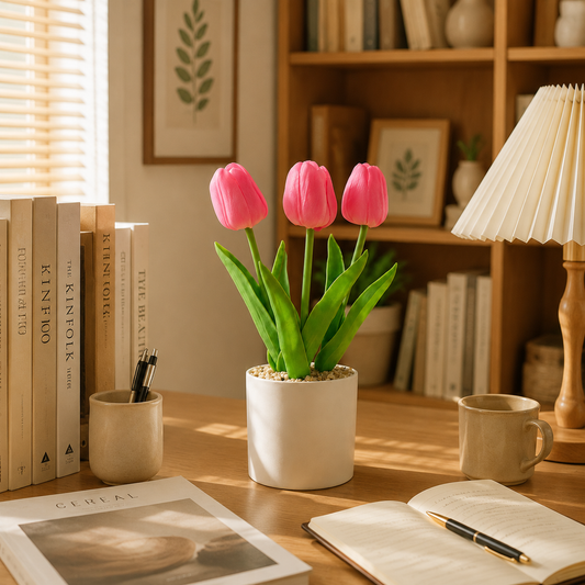 Faux Pink Tulip Artificial Flower Stems - Soft Touch PU Spring Florals for Bedroom, Nursery & Aesthetic Dining Table Decor