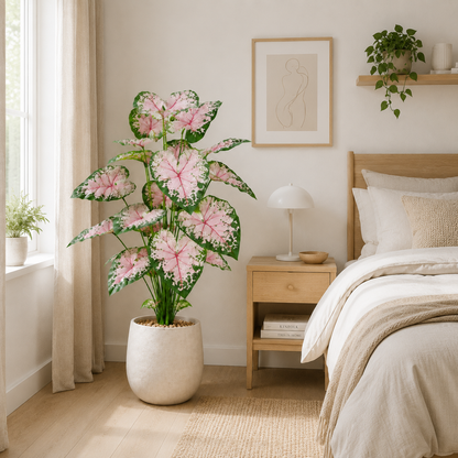 Lifelike Faux Caladium Houseplant (18 Leaves) - Vibrant Artificial Elephant Ear Plant for Living Room, Dining Table & Porch, Faux Silk Greenery (No Pot Included)