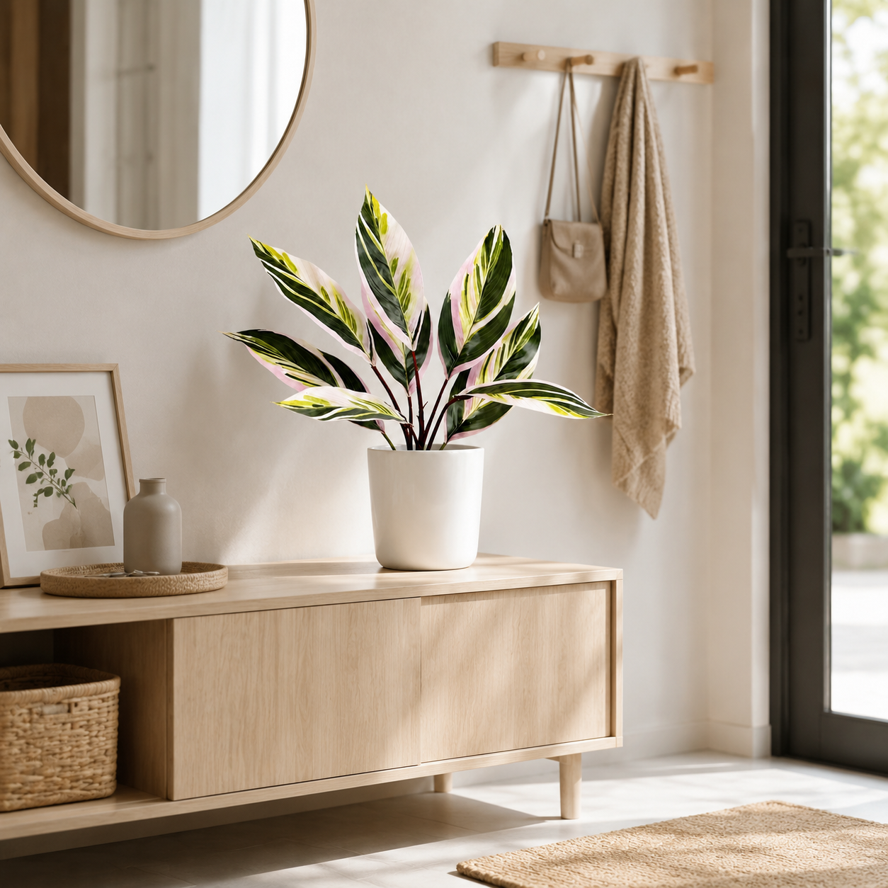Pink & Green Artificial Dieffenbachia Plant, 10-Leaf Aesthetic Faux Tropcial Plant (Pot Not Included) - Trendy Fake Variegated Plant for Bedroom & Aesthetic Room Decor