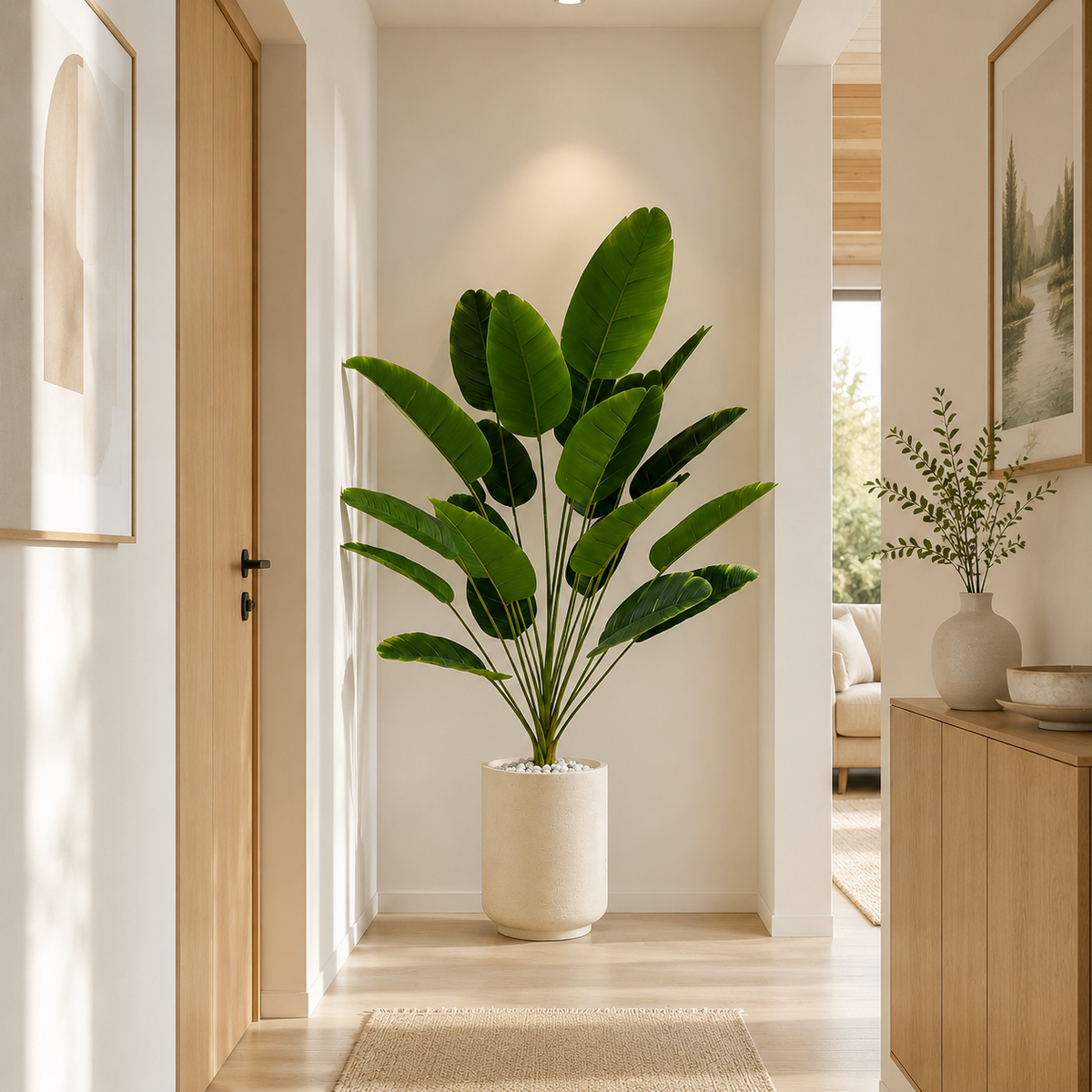 32 inch artificial banana plant in a cream planter styled in a bright entryway hallway beside an oak console table