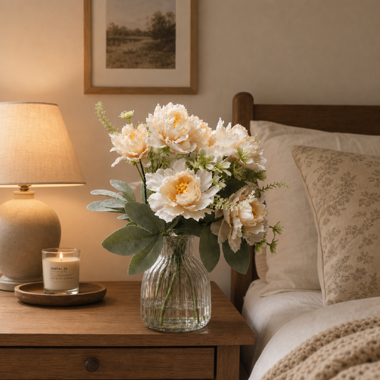 Champagne Silk Peony Stem - Real-Touch 6-Petal Artificial Flowers for Vintage Wedding Decor & Table Centerpieces (Vase Not Included)