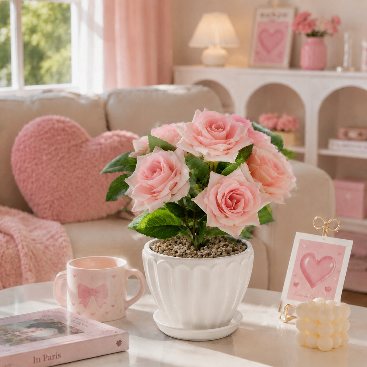 Dusty Pink Artificial Rose Stems, Soft Realistic Silk Flowers Bouquet for Girl’s Bedroom, Party & Dining Table Centerpieces (No Pot)