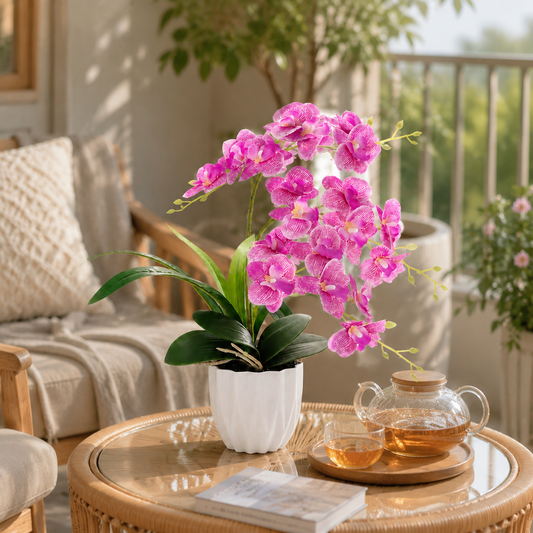 Real Touch Purple Pink Faux Mini Orchid Plant – Approximately 15 inches Small Artificial Phalaenopsis Flowers in Ceramic Pot for Coffee Table Decor