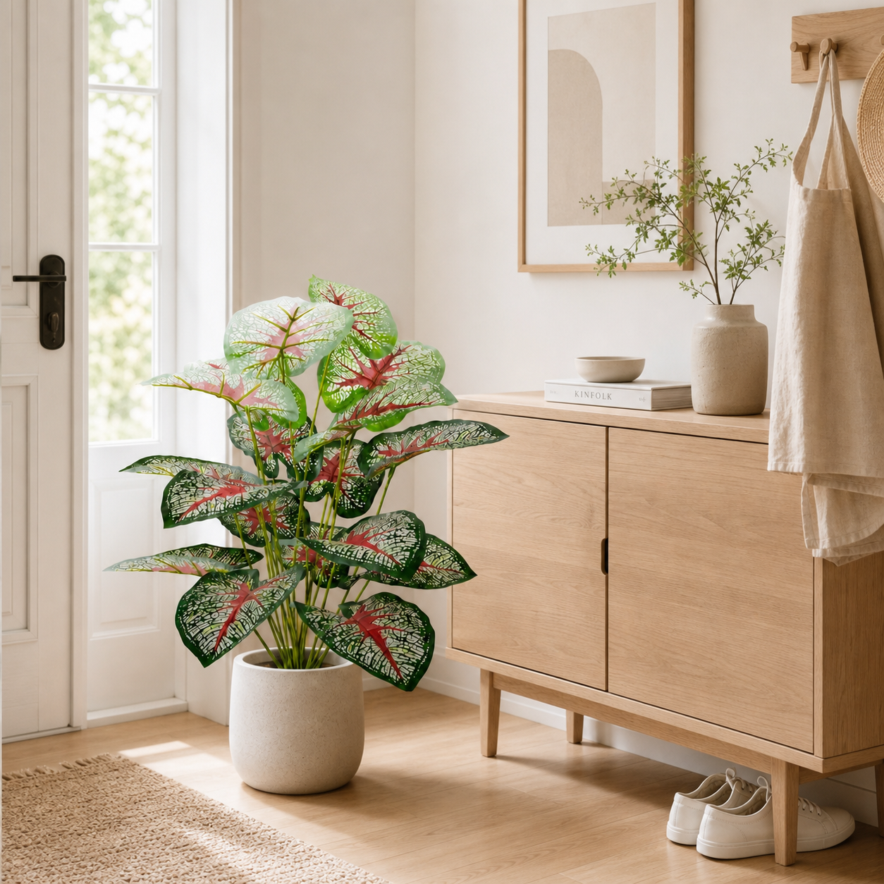 Real Touch Artificial Caladium Plant (12 Leaves) - Lifelike Faux Elephant Ear Foliage for Entryway & Tabletop Decor (Pot Not Included)