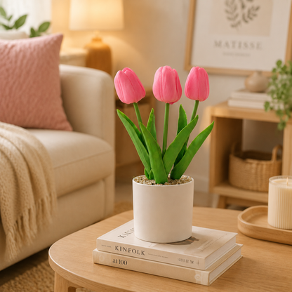 Faux Pink Tulip Artificial Flower Stems - Soft Touch PU Spring Florals for Bedroom, Nursery & Aesthetic Dining Table Decor