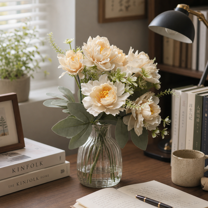 Champagne Silk Peony Stem - Real-Touch 6-Petal Artificial Flowers for Vintage Wedding Decor & Table Centerpieces (Vase Not Included)