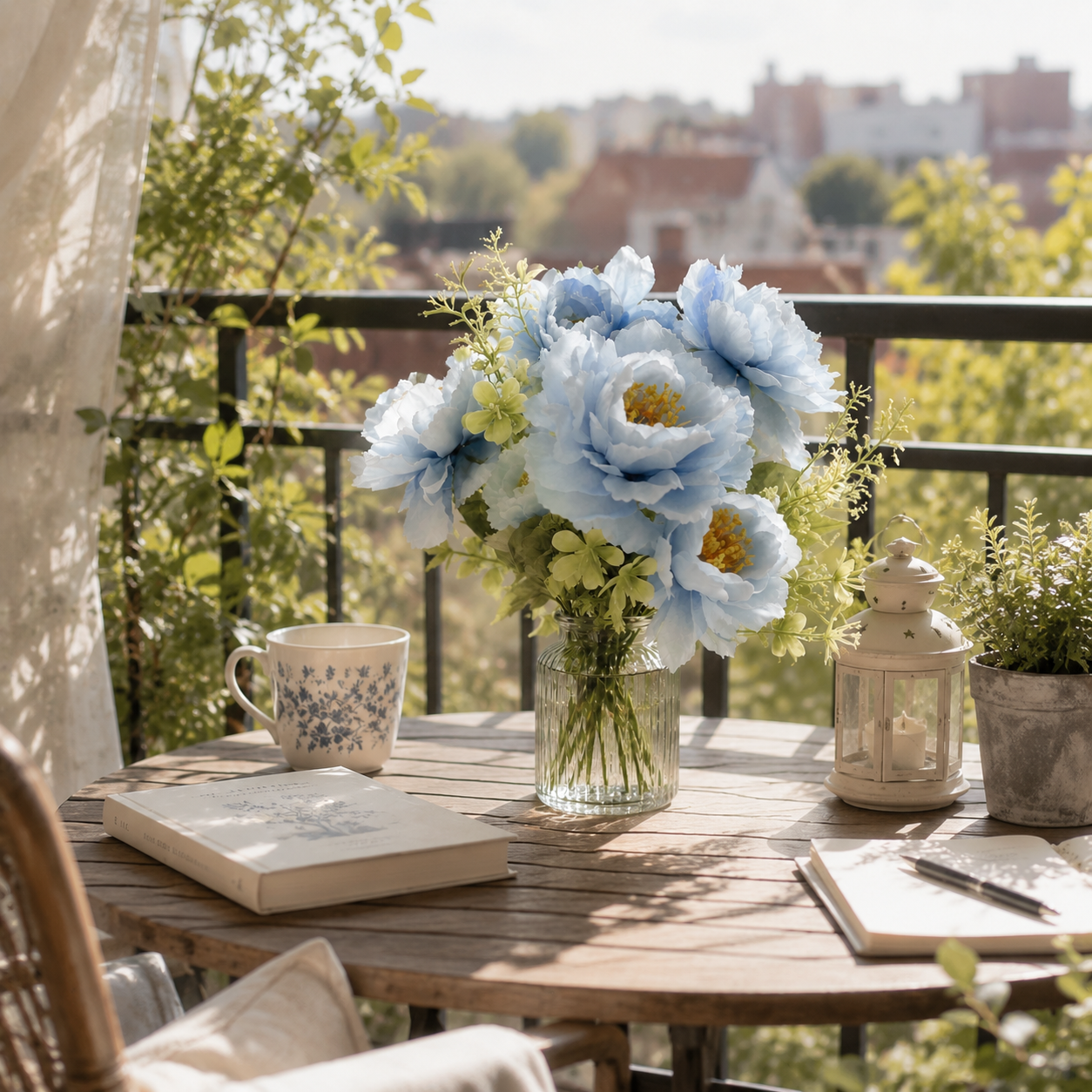 Dusty Blue & White Silk Peony Flower Stem - 6-Petal Artificial Peony for Coastal & Country Cottage Decor (Vase Not Included)