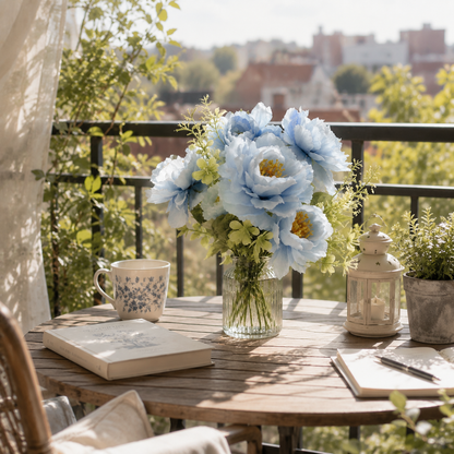 Dusty Blue & White Silk Peony Flower Stem - 6-Petal Artificial Peony for Coastal & Country Cottage Decor (Vase Not Included)