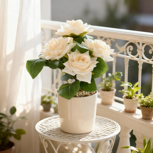 Elegant Champagne Artificial Roses Bunch, Premium Faux Floral Stems for Modern Living Room, Hotel & Office Desk Ornament (Vase Excluded)